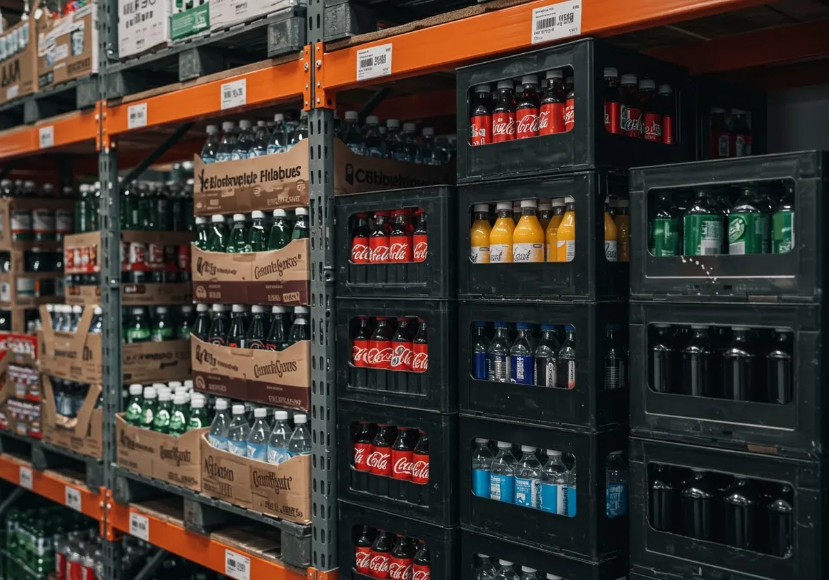 Stacked crates and cases of assorted bottled and canned beverages on warehouse shelving