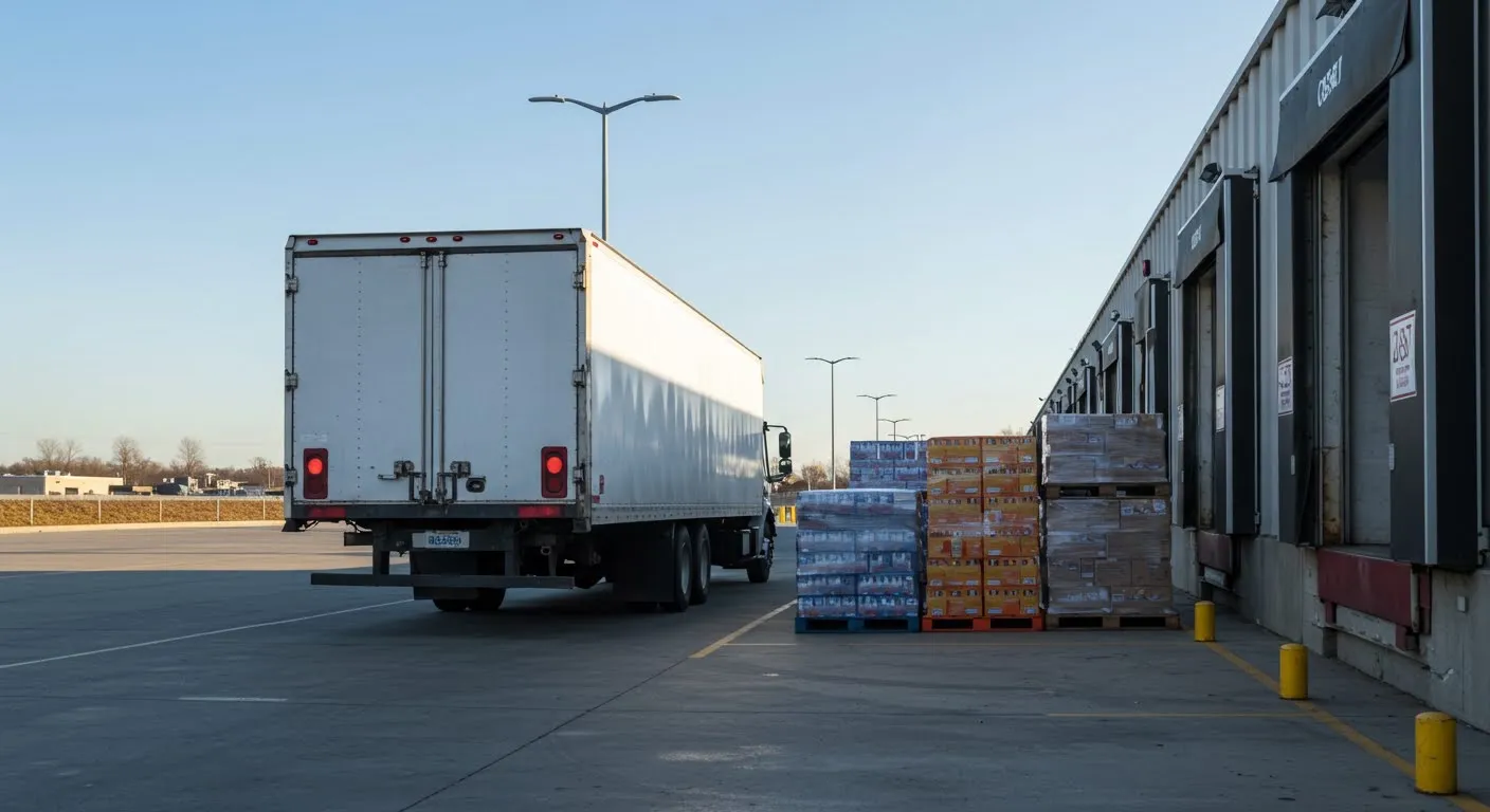 A NorthStar box truck backed to a warehouse loading dock with wrapped pallets of packaged drinks staged for route delivery