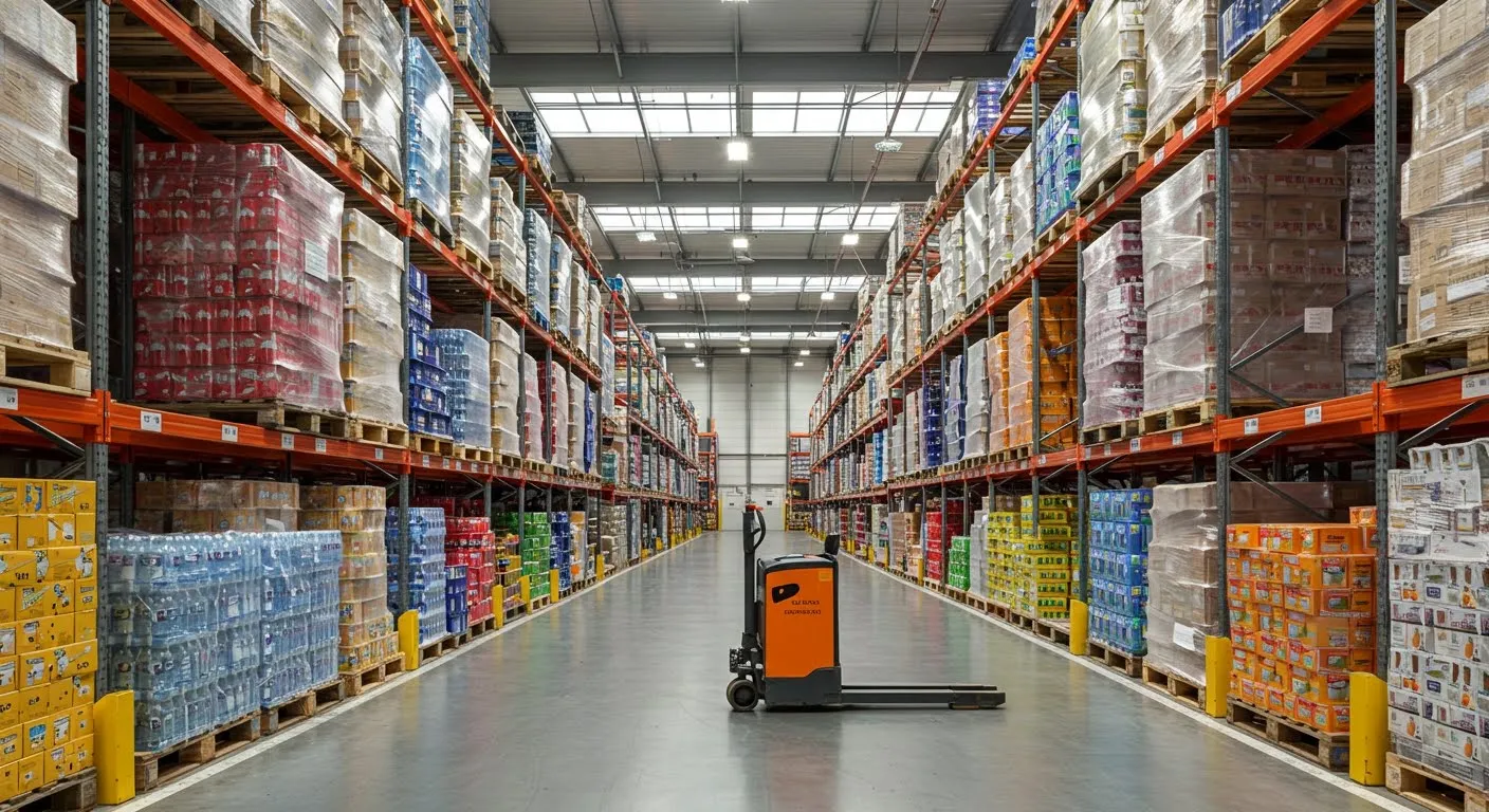 NorthStar beverage distribution warehouse aisle with tall pallet racking stocked with bottled water, canned soft drinks and juice cases