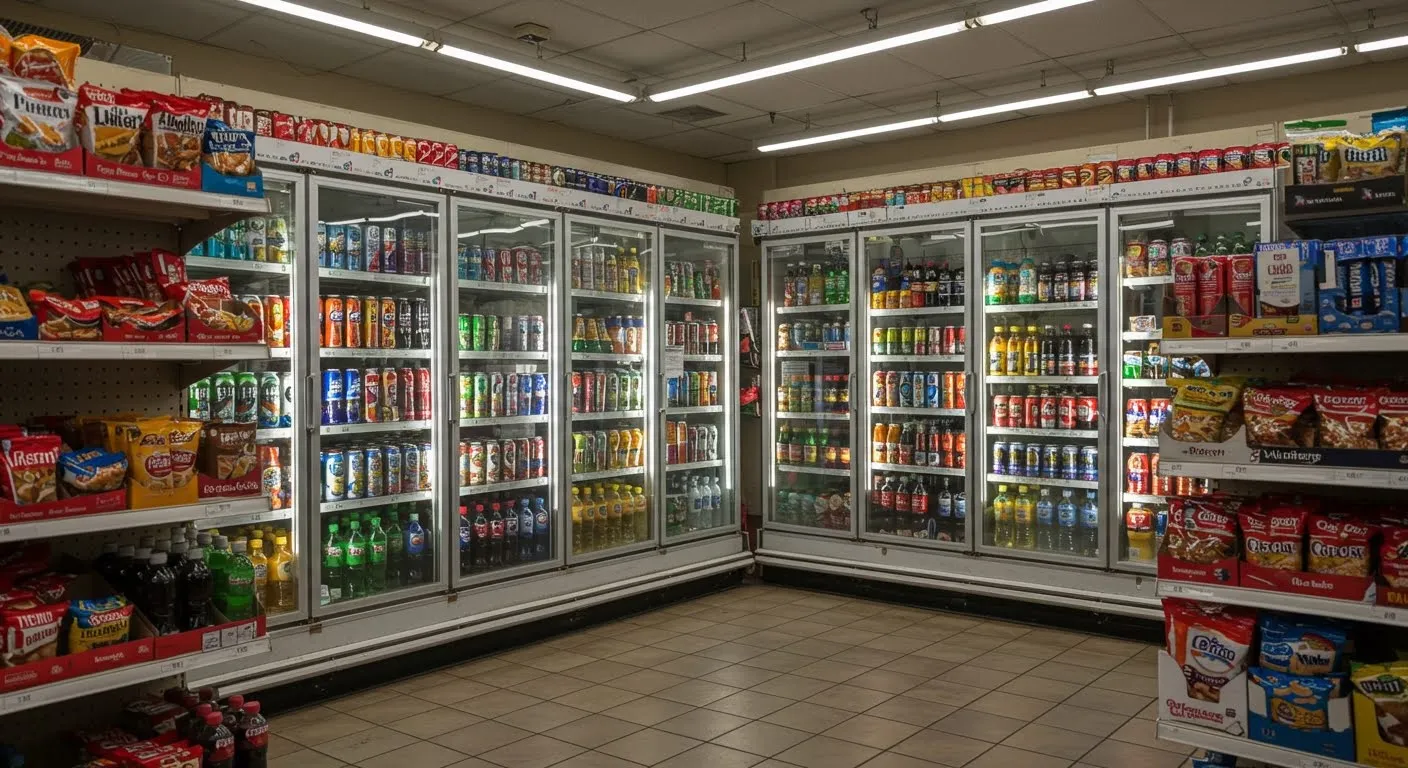 Independent convenience store beverage aisle with glass-door coolers fully stocked with bottled and canned drinks and packaged snacks